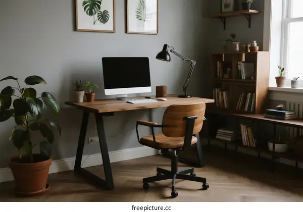 Modern home office setup with desk chair and computer