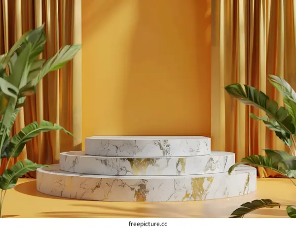 Minimalist Round Marble Platform With Gold Curtains And Plant