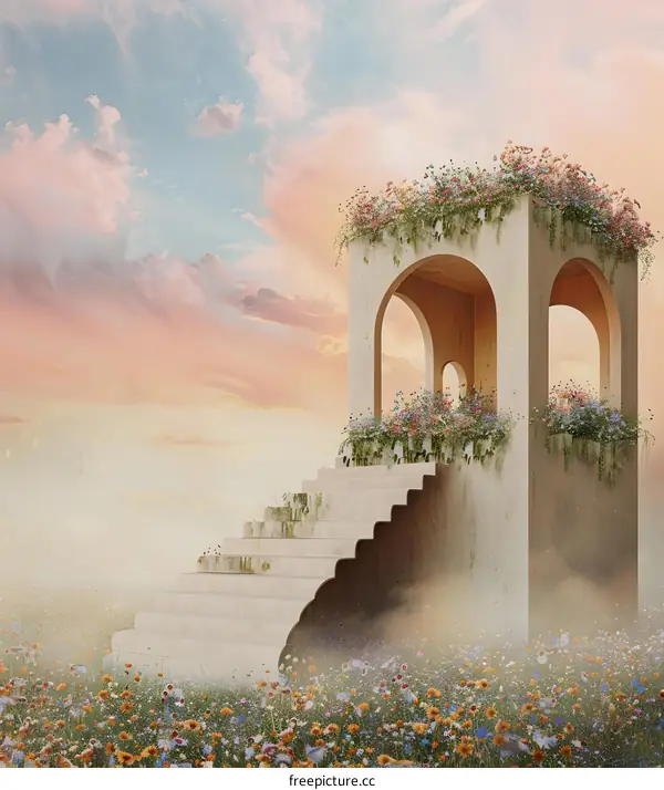 Stone Steps Leading to an Archway Covered in Flowers