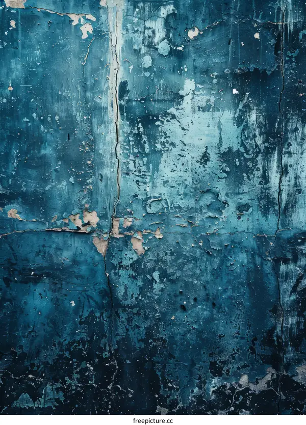 weathered blue painted concrete wall with cracks