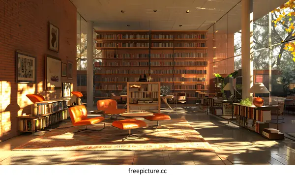 Modern Library Interior with Bookshelves and Comfortable Seating