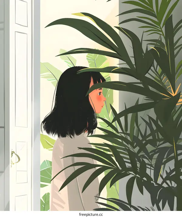 Girl Hiding Behind Tropical Plants Illustration