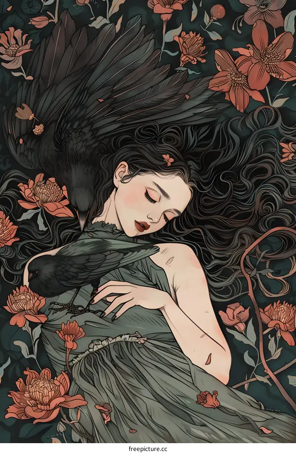 Woman Sleeping with Crow in Flower Garden
