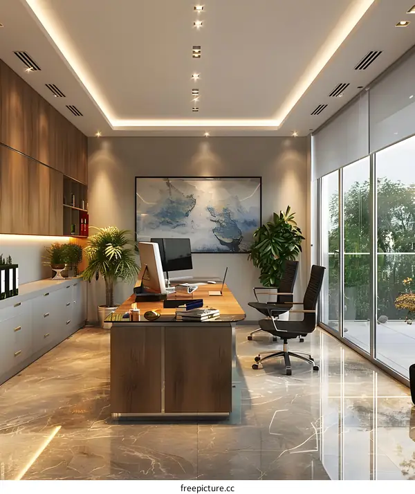 Modern office interior design with large windows and marble floor