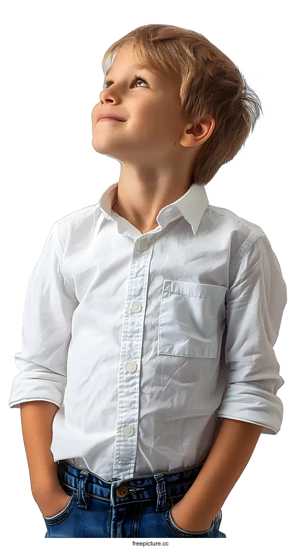 [Transparent Background PNG]Portrait of a boy in a white shirt and blue jeans