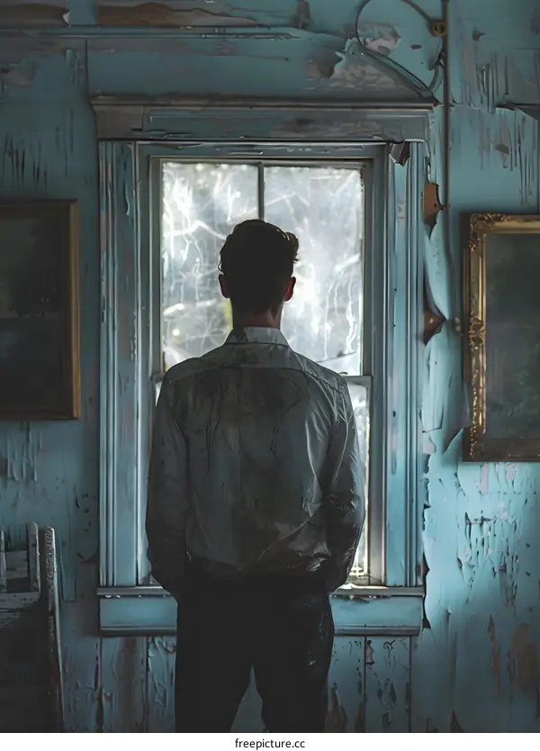 Man Standing in a Window of a Ruined House