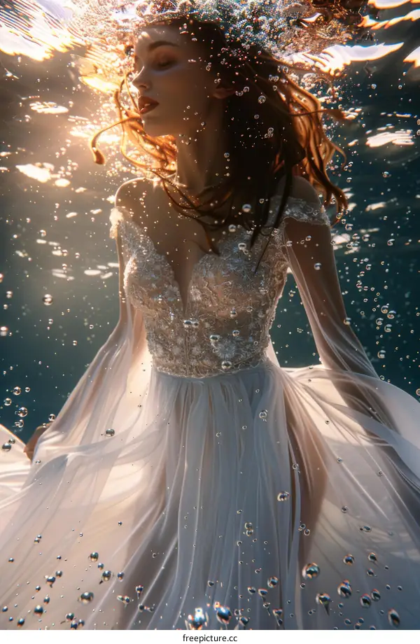 A woman wearing a white wedding dress swimming underwater