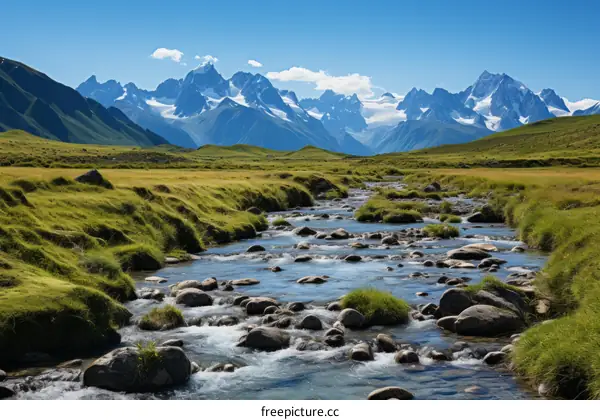 Alpine valley with river and snow capped mountains