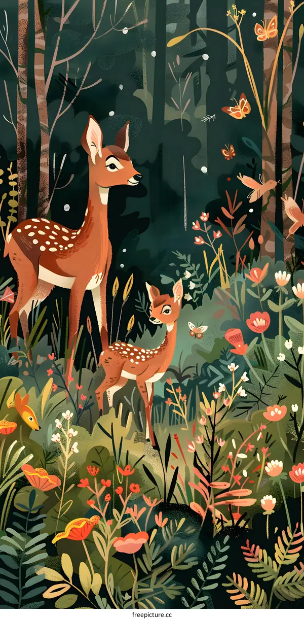 Forest Illustration with Deer and Flowers
