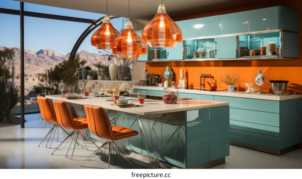 Modern kitchen with orange and blue cabinets and a large island with seating