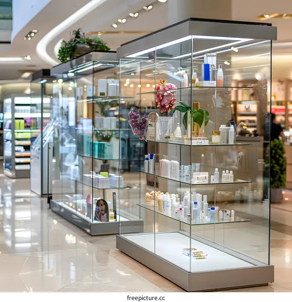 Glass Display Cases Filled With Skincare Products in a Retail Store