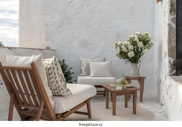 White Wall Patio with Wooden Furniture and Flowers