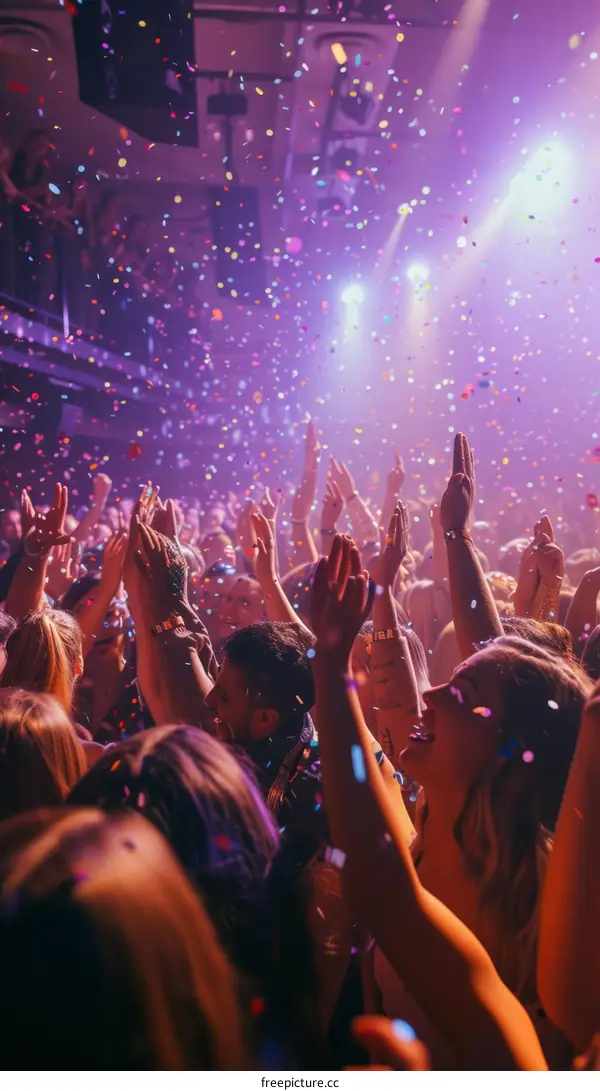 Nightclub with a large crowd of excited young people dancing and having fun