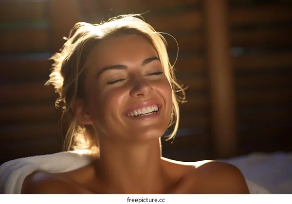portrait of a beautiful blonde woman smiling with her eyes closed