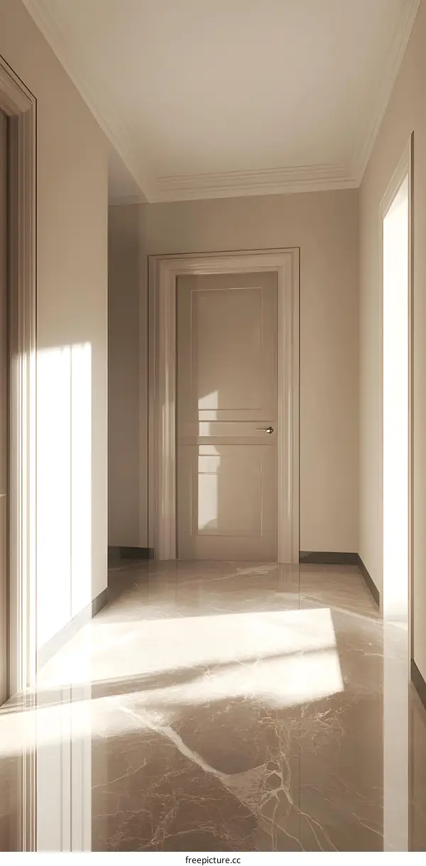 Modern Hallway Interior Design With White Doors and Marble Floor