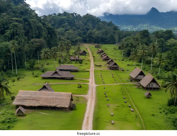 Aerial View of Traditional Houses in a Jungle Setting
