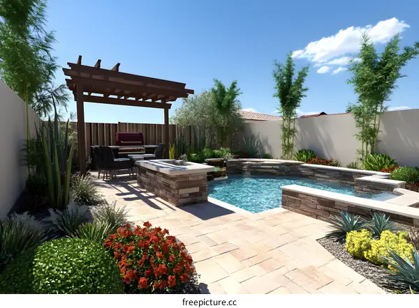 Backyard Pool Design With Stonework And Pergola
