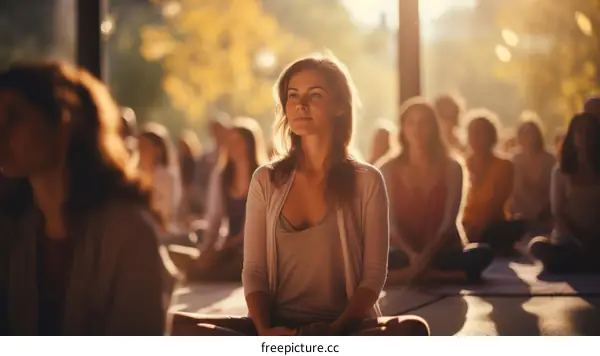 A group of people are sitting in a yoga class with a focus on a woman in the front