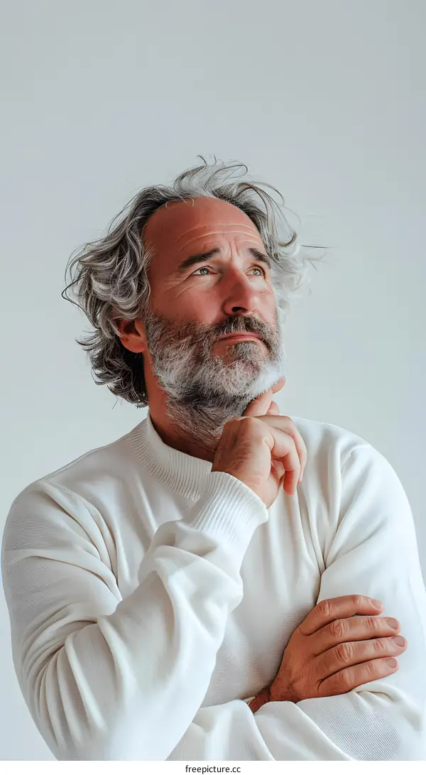 Portrait of a Thoughtful Caucasian Man with Gray Hair and Beard