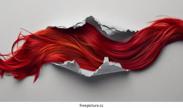 Red hair flowing through a torn paper