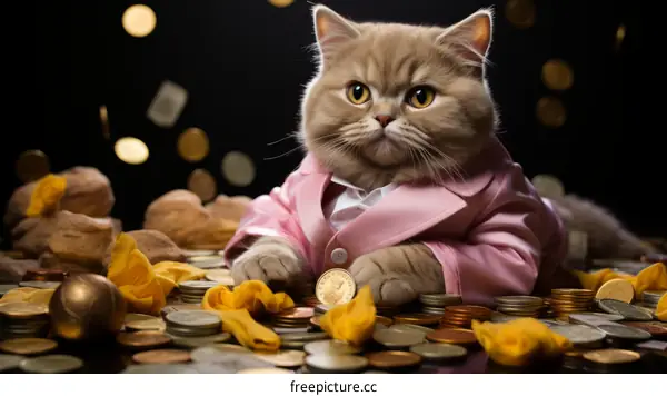 A ginger cat wearing a suit and surrounded by money