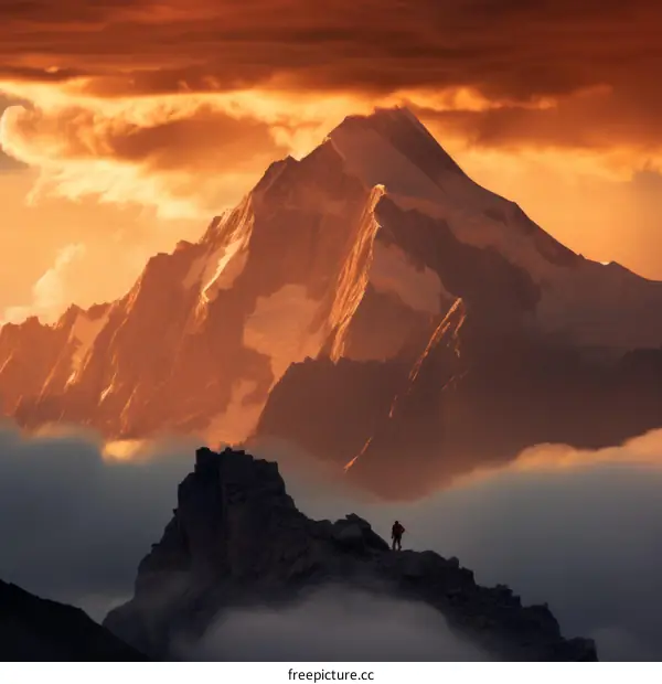 Mountaineer on a Rocky Peak at Sunset