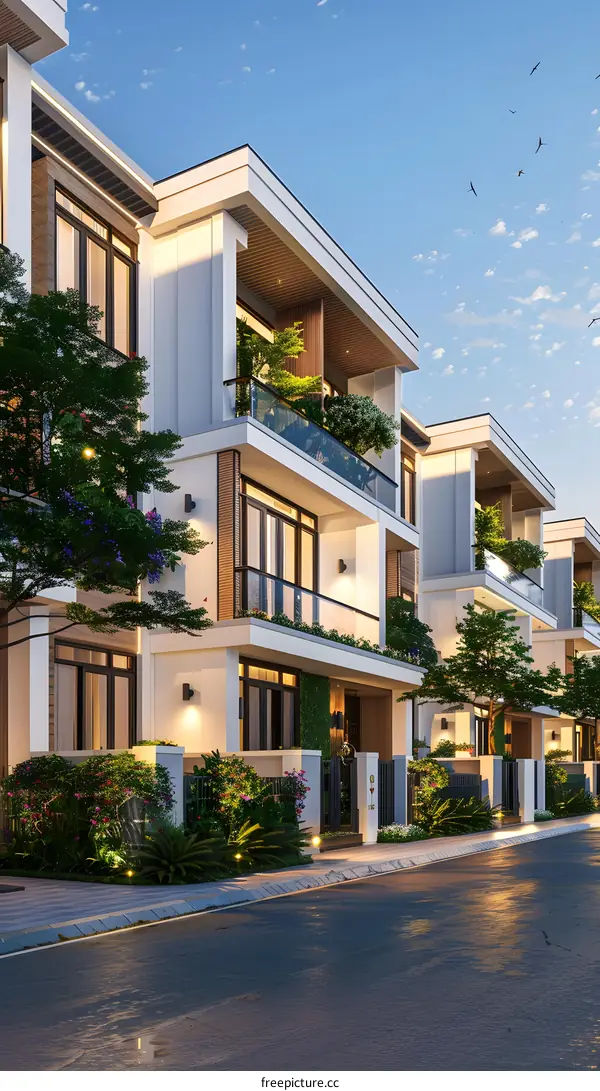 Modern White Two Storey Houses With Green Plants and Balconies