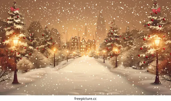 Christmas winter town street with decorated fir trees and falling snow