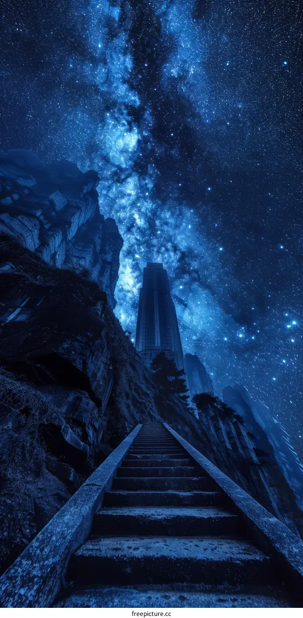 Stairway to a Futuristic City Under a Starry Sky