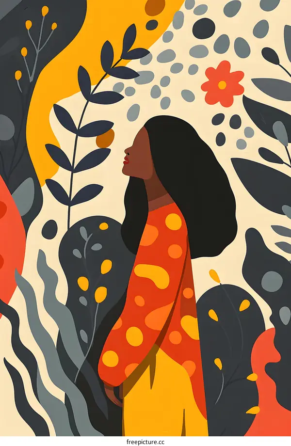 Black Woman in a Garden with Colorful Abstract Floral Pattern
