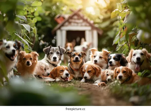 Diverse Dog Breeds Posing Together in Front of a Wooden Dog House