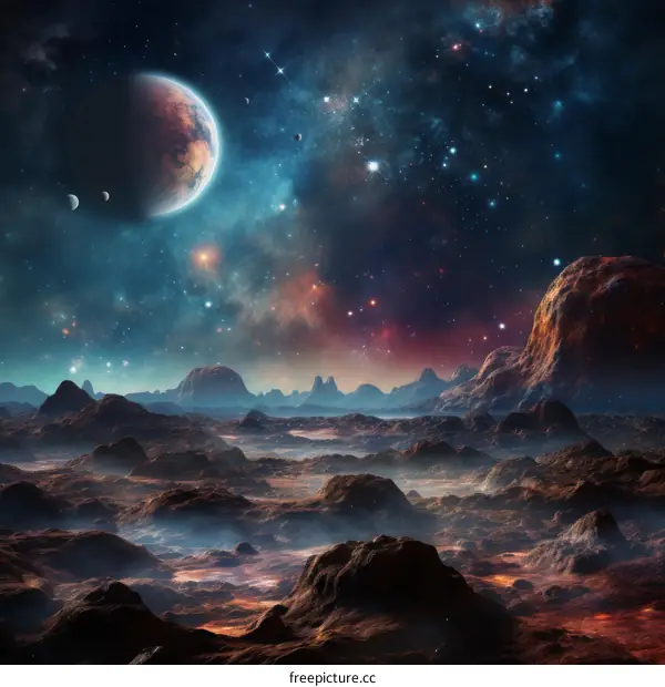 Barren alien planet landscape with a red moon and blue sky
