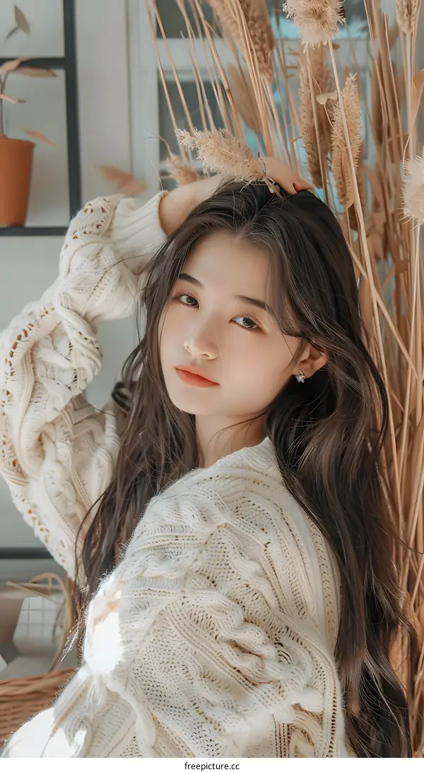 Portrait of a Young Asian Woman With Long Hair Wearing a White Knit Sweater