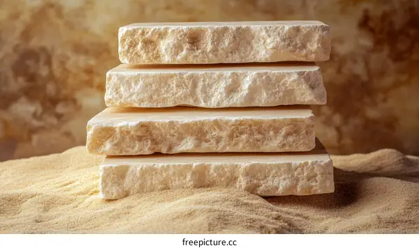 Stacked Beige Stone Slabs on Sand Background