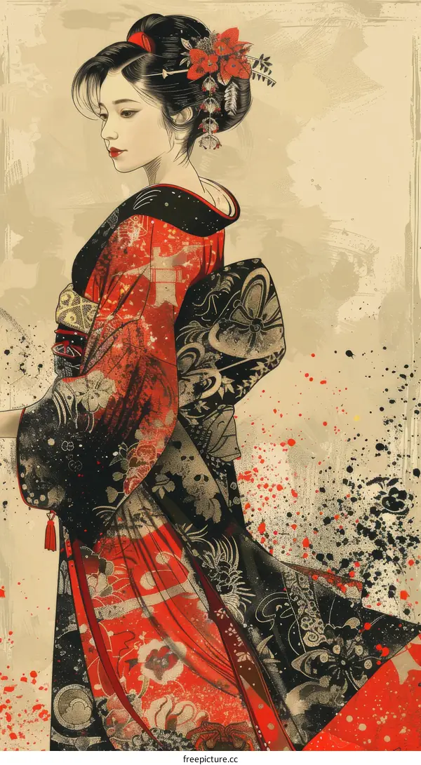 A digital painting of a Japanese woman in a red kimono with a floral pattern and a black obi.