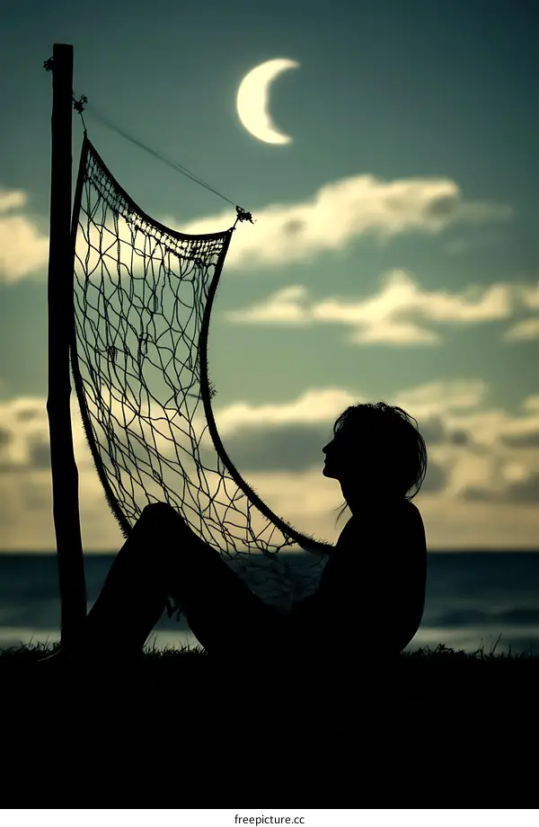 Silhouette of Woman Relaxing in Hammock Under Crescent Moon