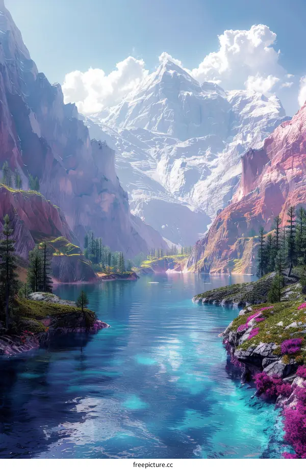 Fantasy landscape with mountains, lake and trees