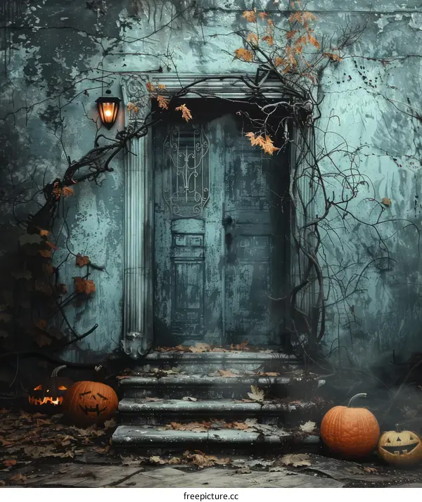Spooky Blue Wooden Front Door with Pumpkins and Scary Tree Branches