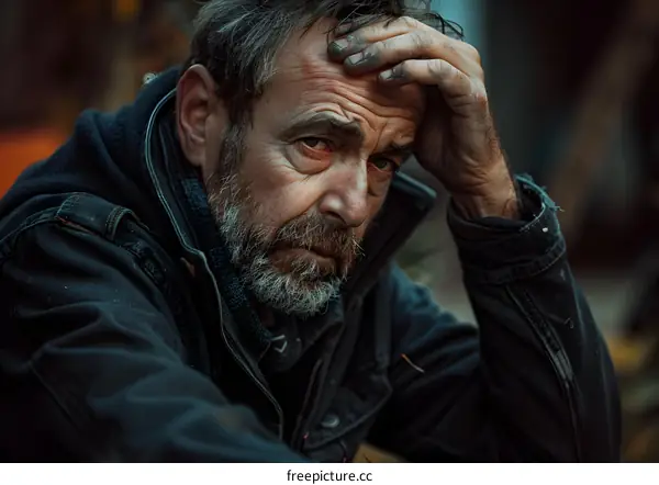 Portrait of a man with a beard and a hand on his head