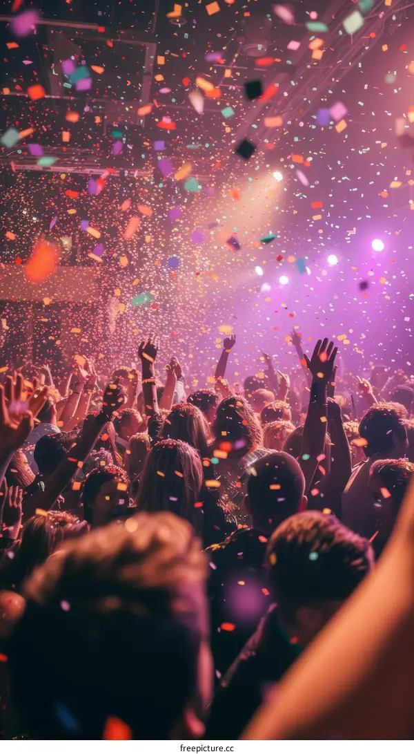 Crowd of People Celebrating with Confetti Falling from Above