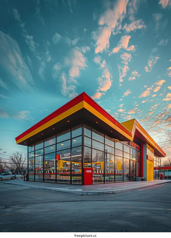 Futuristic gas station under a cloudy sky