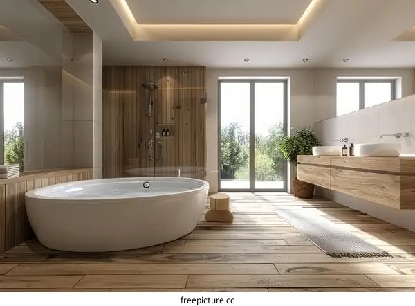 Modern Wooden Bathroom with Spa Tub
