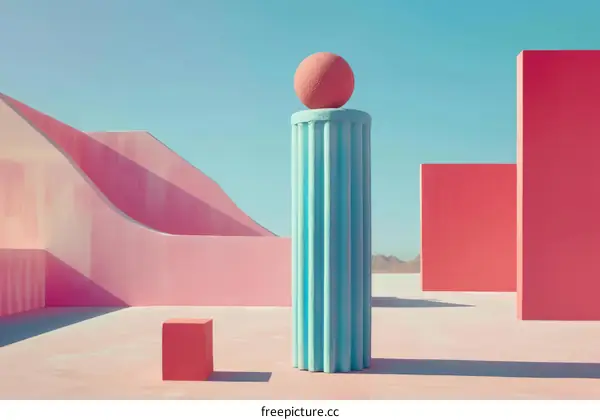 Pink and blue geometric shapes in a surreal landscape