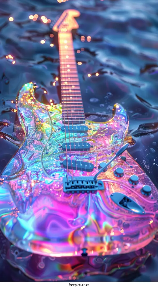 An electric guitar with a unique iridescent paint job is submerged in water with bubbles rising to the surface