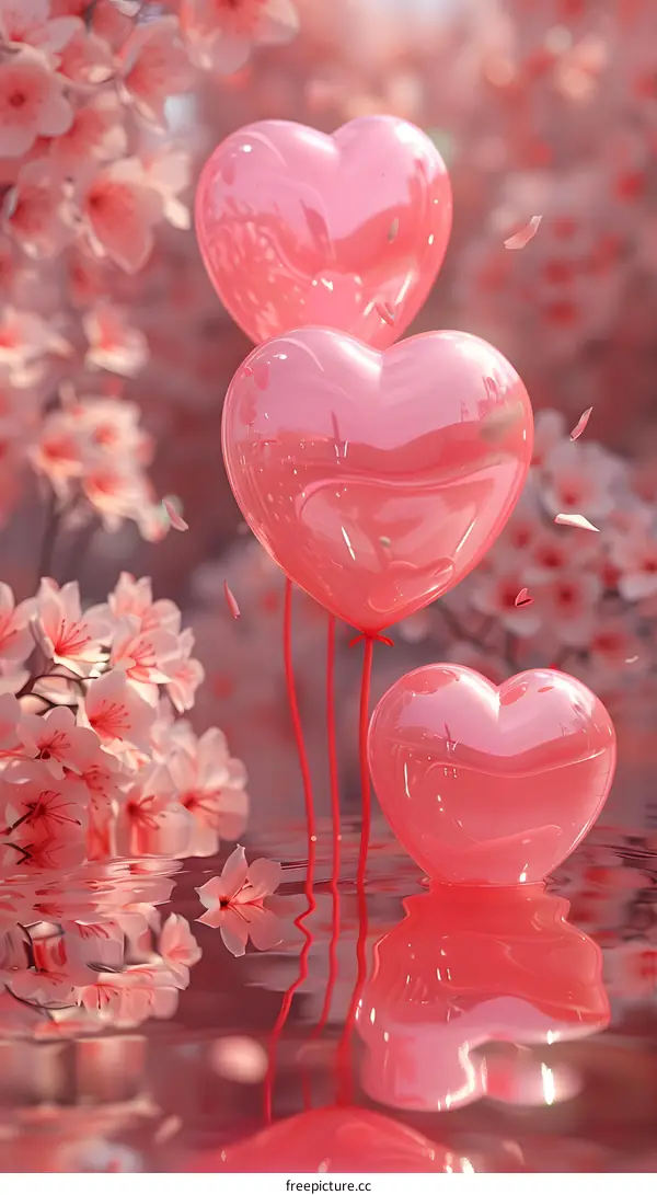 Pink balloons floating under the cherry blossom tree
