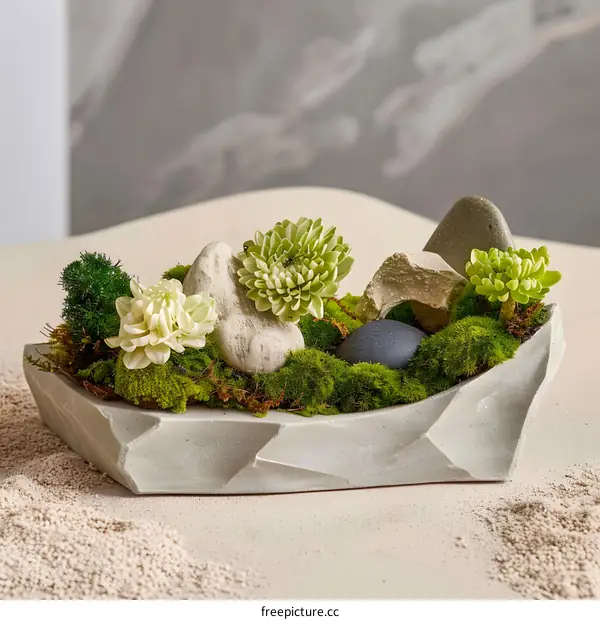 Stone and Green Plants in a Concrete Planter