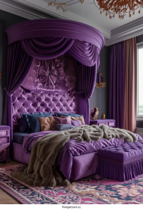 Purple Velvet Canopy Bed in a Luxurious Bedroom