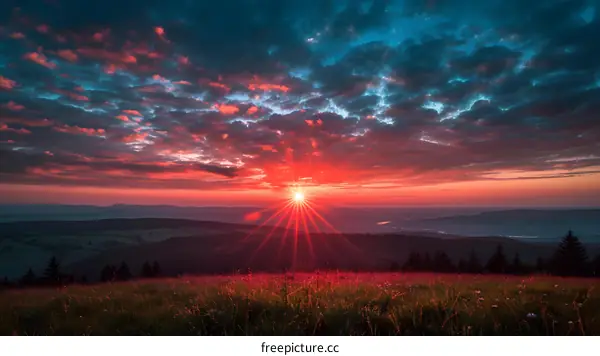 sunset over a field of flowers