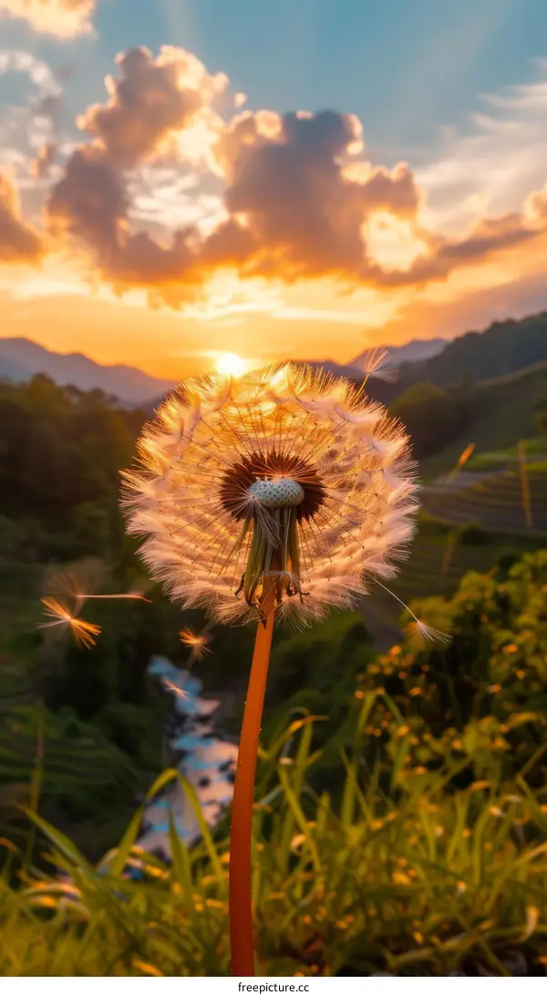 Dandelion seeds blowing in the wind at sunset