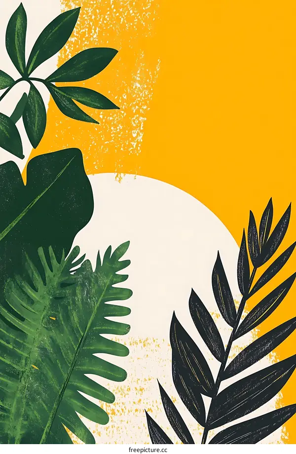 Tropical Leaves on Yellow and White Background